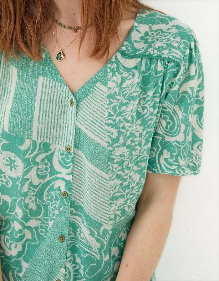 Women FatFace Shirts and Blouses Cassidy Patched Paisley Tunic Teal Blue