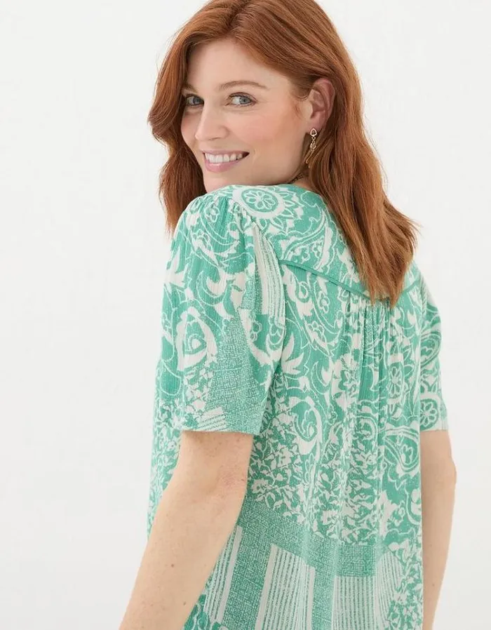 Women FatFace Shirts and Blouses Cassidy Patched Paisley Tunic Teal Blue