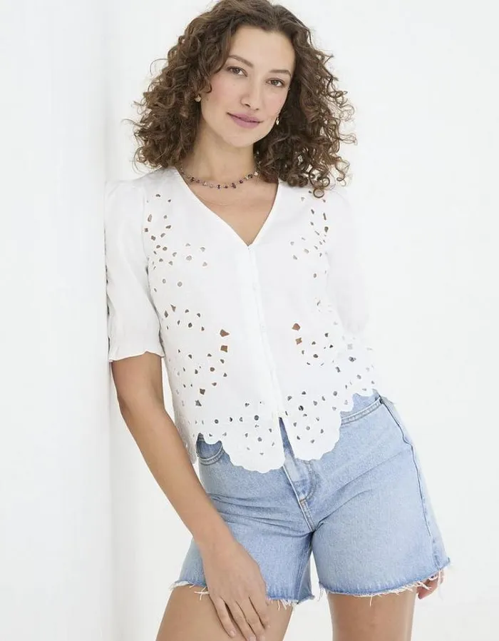 Women FatFace Shirts and Blouses Celeste Broderie Blouse Ivory