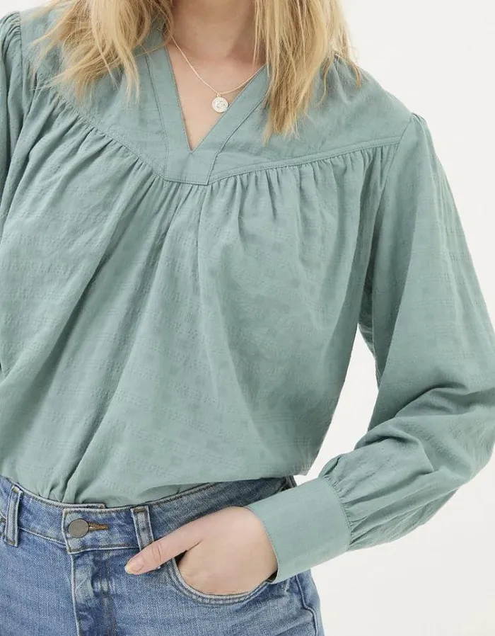 Women FatFace Shirts and Blouses Mathilde Self Check Blouse Light Teal Blue