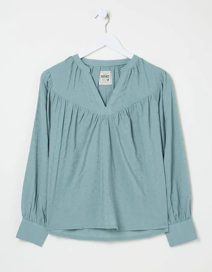 Women FatFace Shirts and Blouses Mathilde Self Check Blouse Light Teal Blue