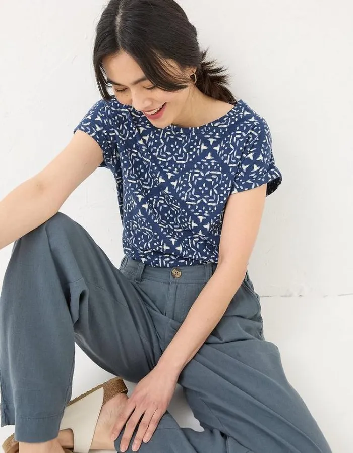 Women FatFace Tops and TShirts Ivy Geo Marks T Shirt Navy