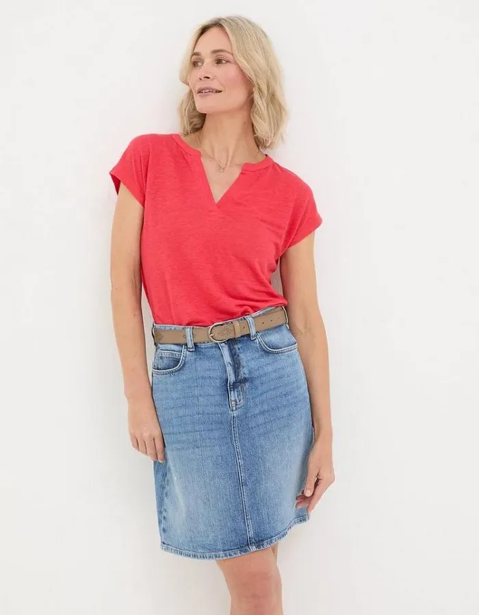 Women FatFace Tops and TShirts Linen Notch Neck TShirt Tomato Red