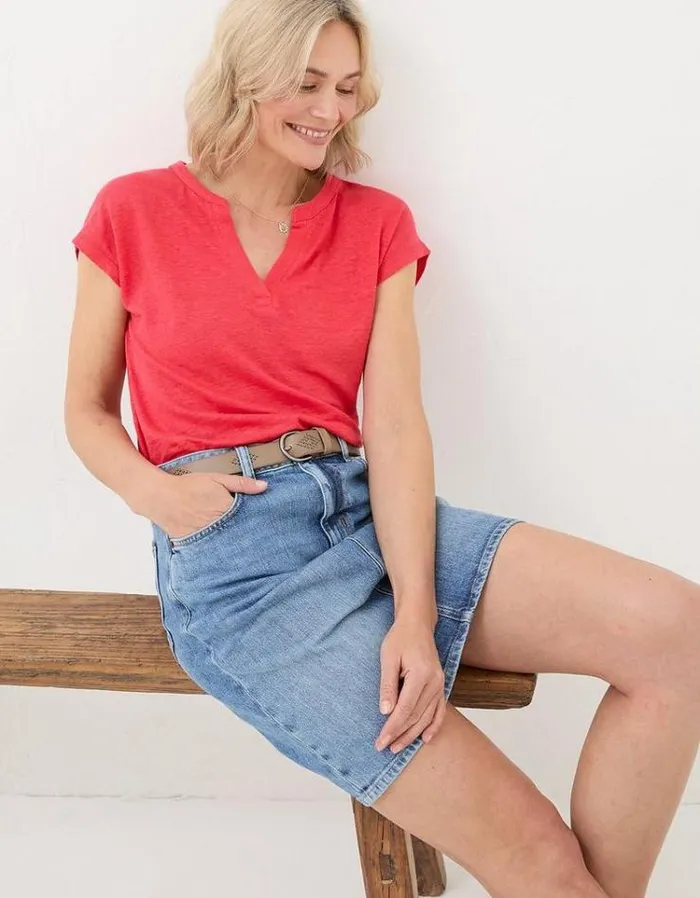 Women FatFace Tops and TShirts Linen Notch Neck TShirt Tomato Red