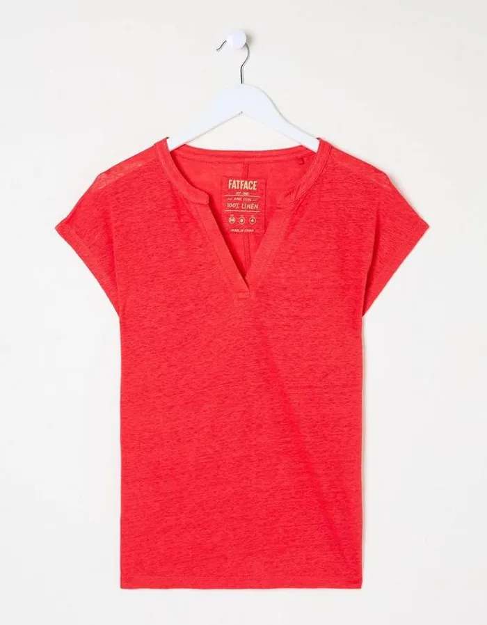 Women FatFace Tops and TShirts Linen Notch Neck TShirt Tomato Red