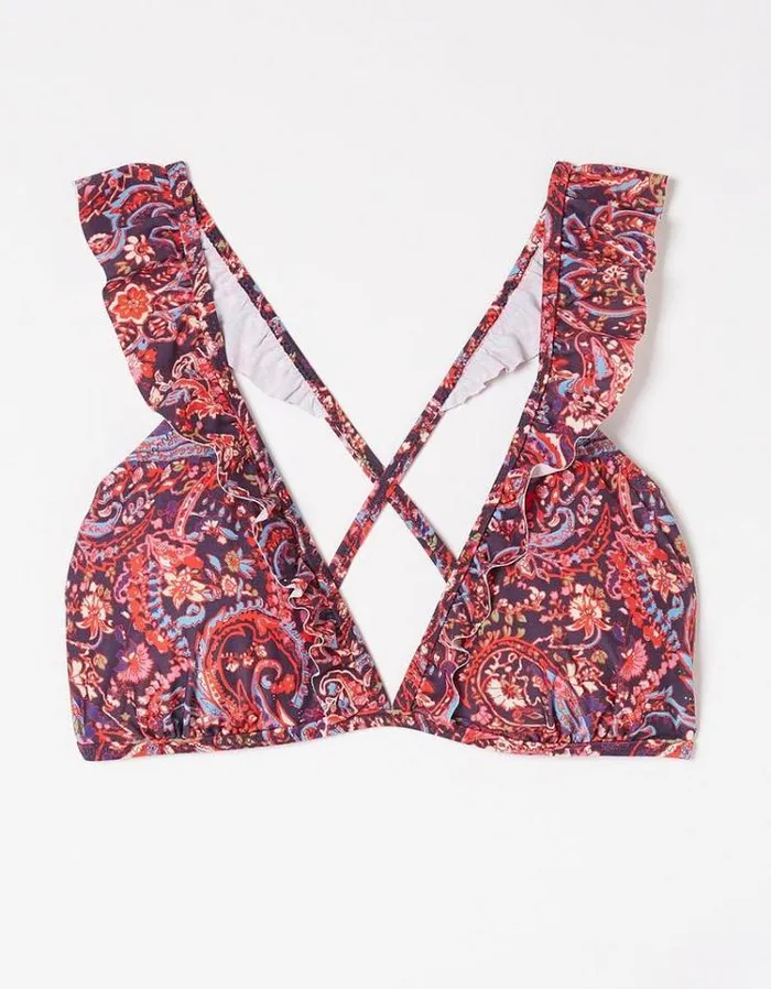 Women FatFace Vacation Shop Fia Frill Paisley Bikini Top Purple