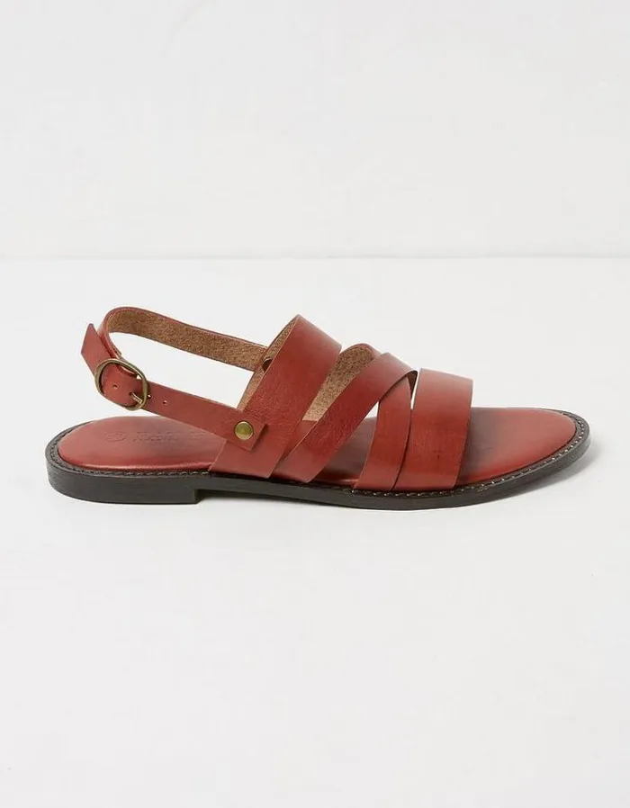 Women FatFace Vacation Shop Hallie Leather Strap Sandals Dark Red