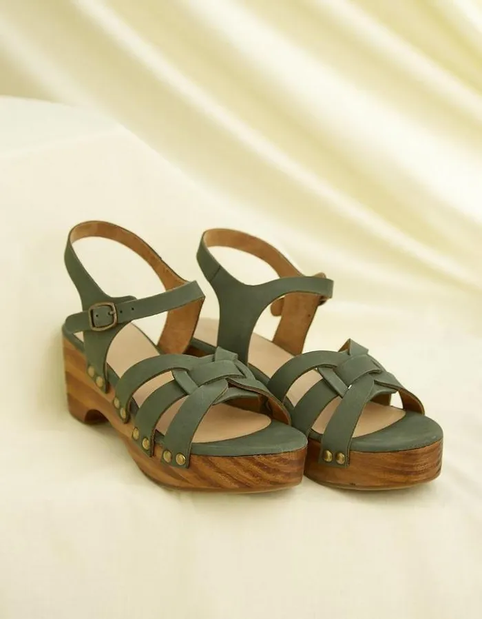 Women FatFace Vacation Shop Leoni Mid Heel Clog Dark Green