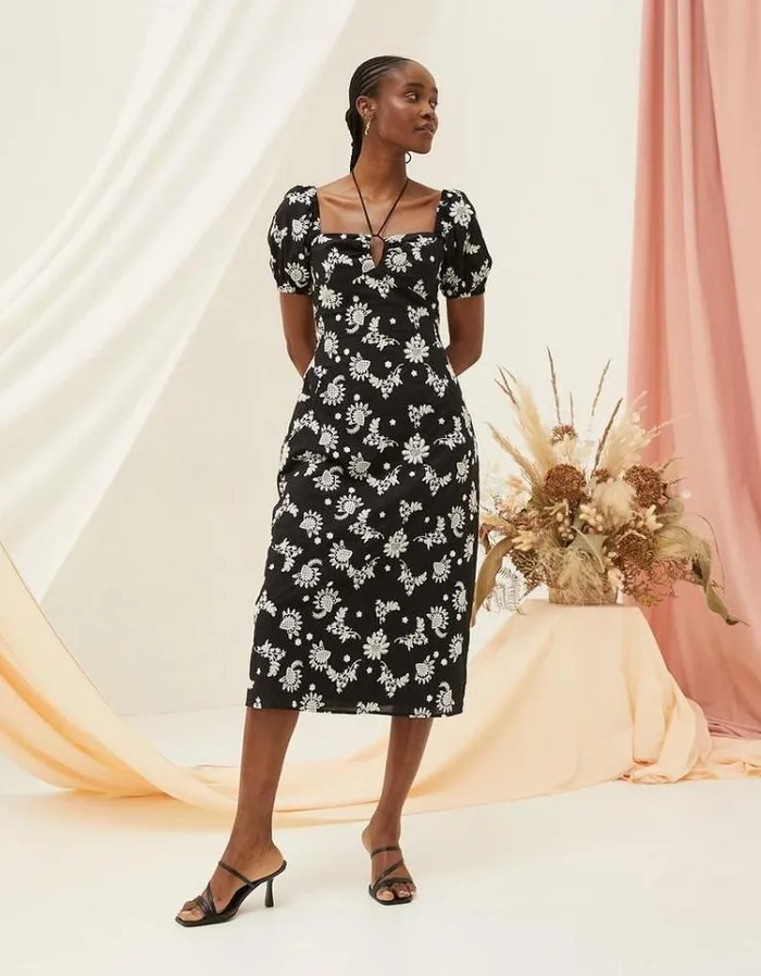 Women FatFace Vacation Shop Lotus Embroidered Midi Dress Black
