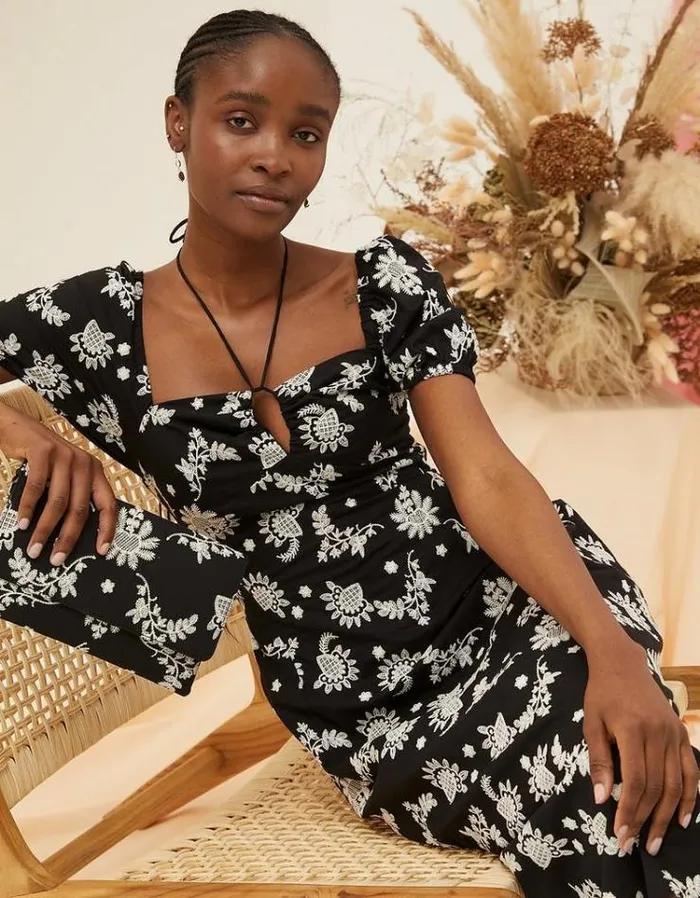 Women FatFace Vacation Shop Lotus Embroidered Midi Dress Black