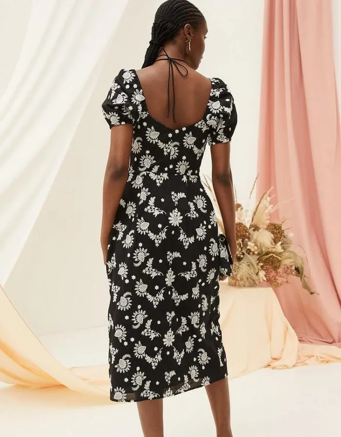 Women FatFace Vacation Shop Lotus Embroidered Midi Dress Black