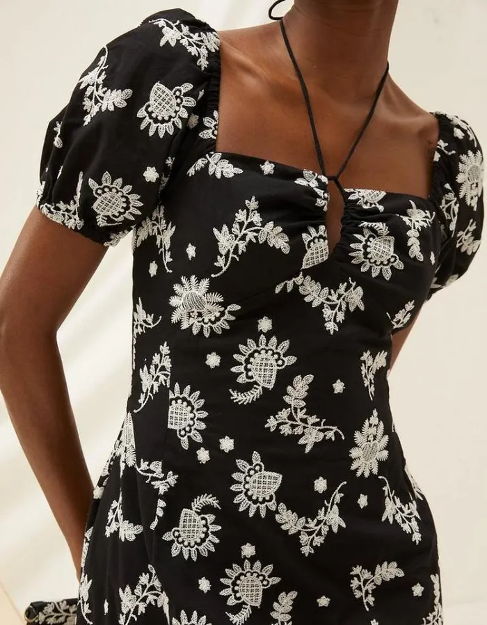 Women FatFace Vacation Shop Lotus Embroidered Midi Dress Black