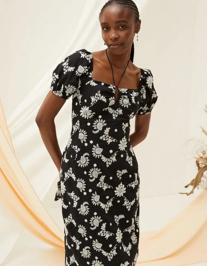 Women FatFace Vacation Shop Lotus Embroidered Midi Dress Black