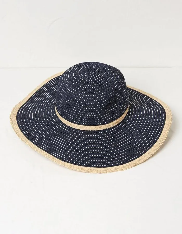 Women FatFace Vacation Shop Ribbon Floppy Sun Hat Navy