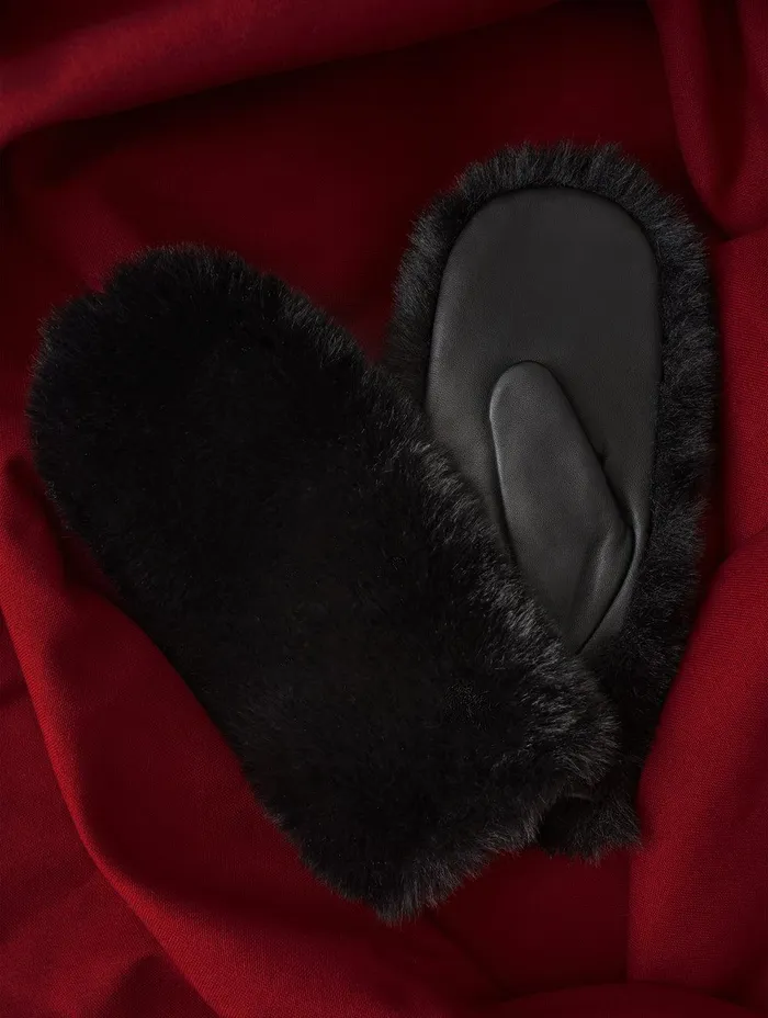 Women Faux Fur Leather Mitten Black Jigsaw Hats and Gloves