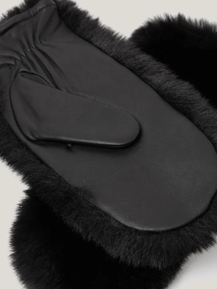 Women Faux Fur Leather Mitten Black Jigsaw Hats and Gloves