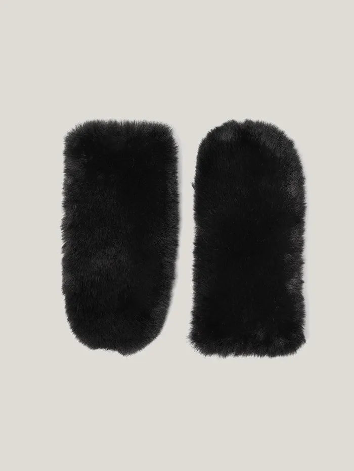 Women Faux Fur Leather Mitten Black Jigsaw Hats and Gloves