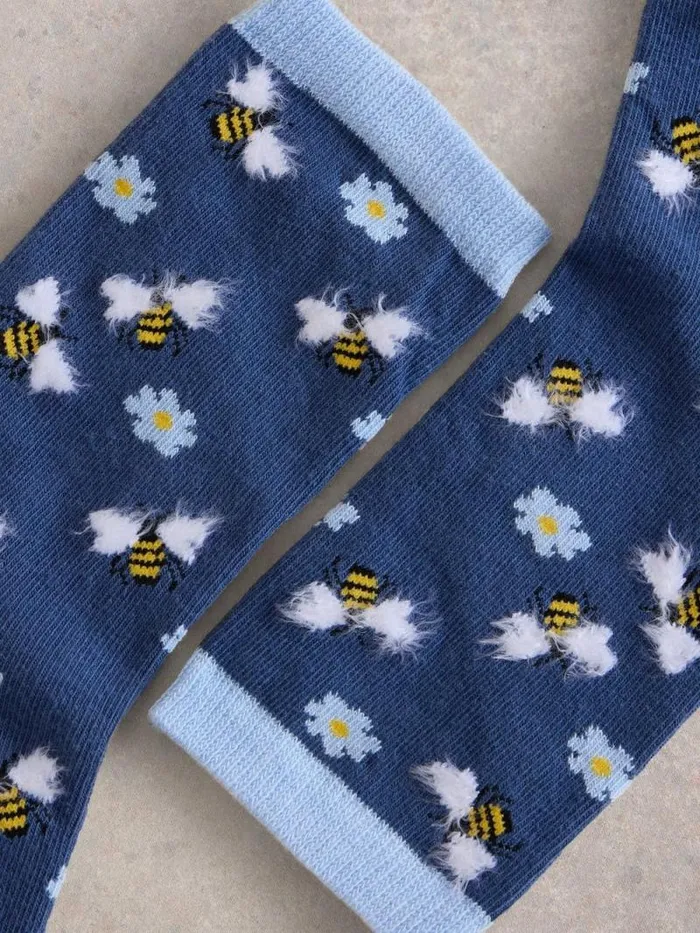 Women Fluffy Bee Ankle Sock Navy Multi White Stuff Socks