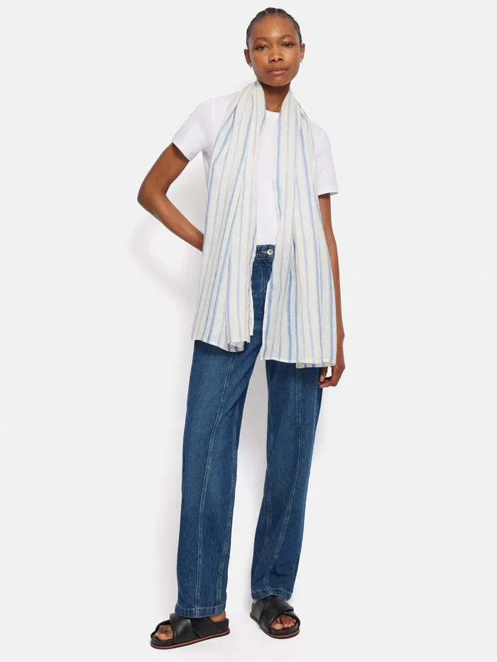 Women French Linen Stripe Scarf Blue Jigsaw Ponchos and Scarves