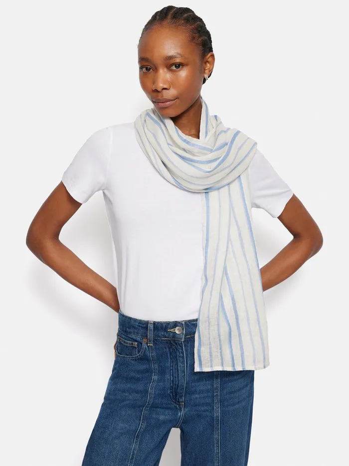 Women French Linen Stripe Scarf Blue Jigsaw Ponchos and Scarves