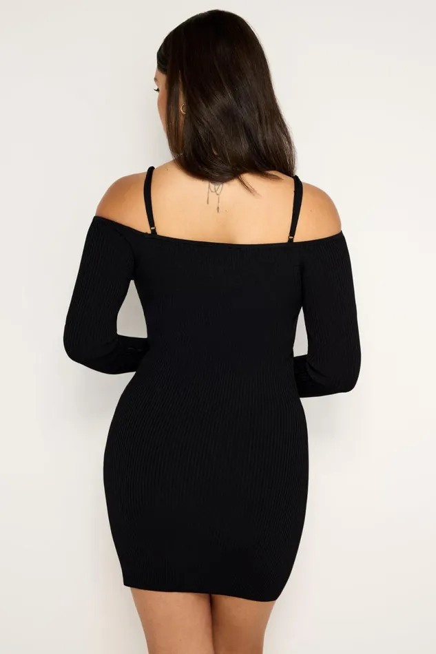 Women GOOD AMERICAN Dresses STRETCH RIB KNIT SHOULDER MINIDRESS Black001
