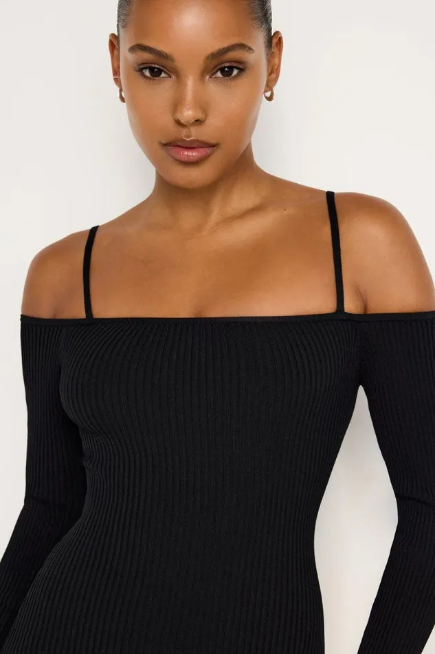 Women GOOD AMERICAN Dresses STRETCH RIB KNIT SHOULDER MINIDRESS Black001