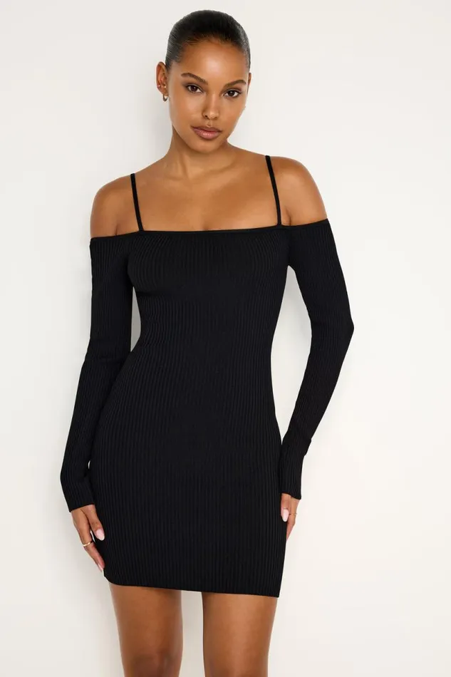 Women GOOD AMERICAN Dresses STRETCH RIB KNIT SHOULDER MINIDRESS Black001