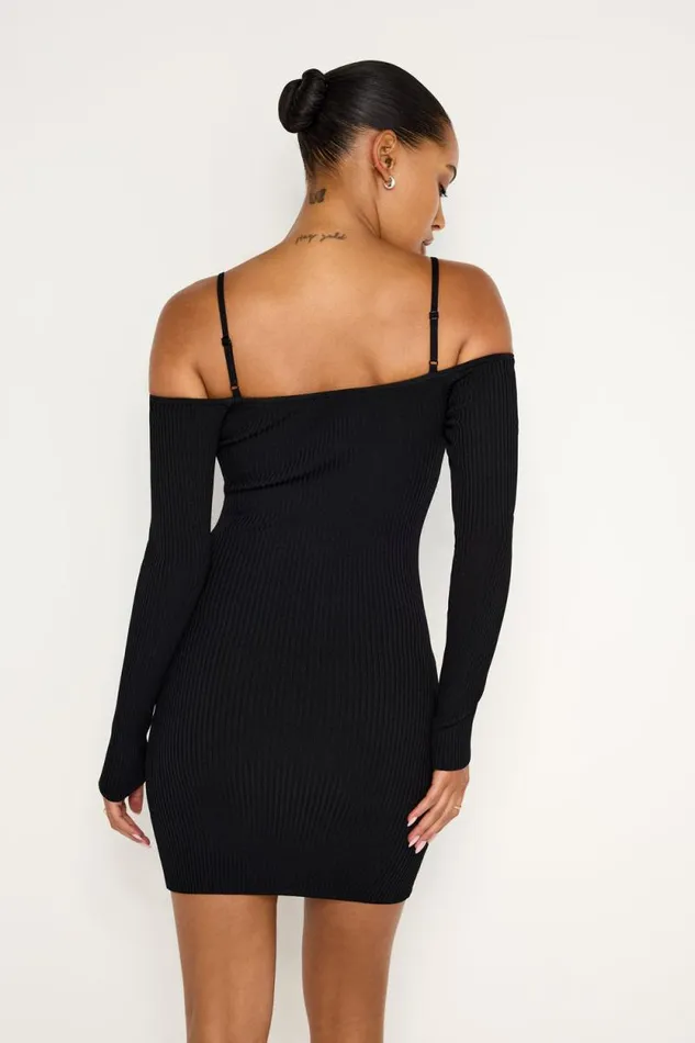 Women GOOD AMERICAN Dresses STRETCH RIB KNIT SHOULDER MINIDRESS Black001