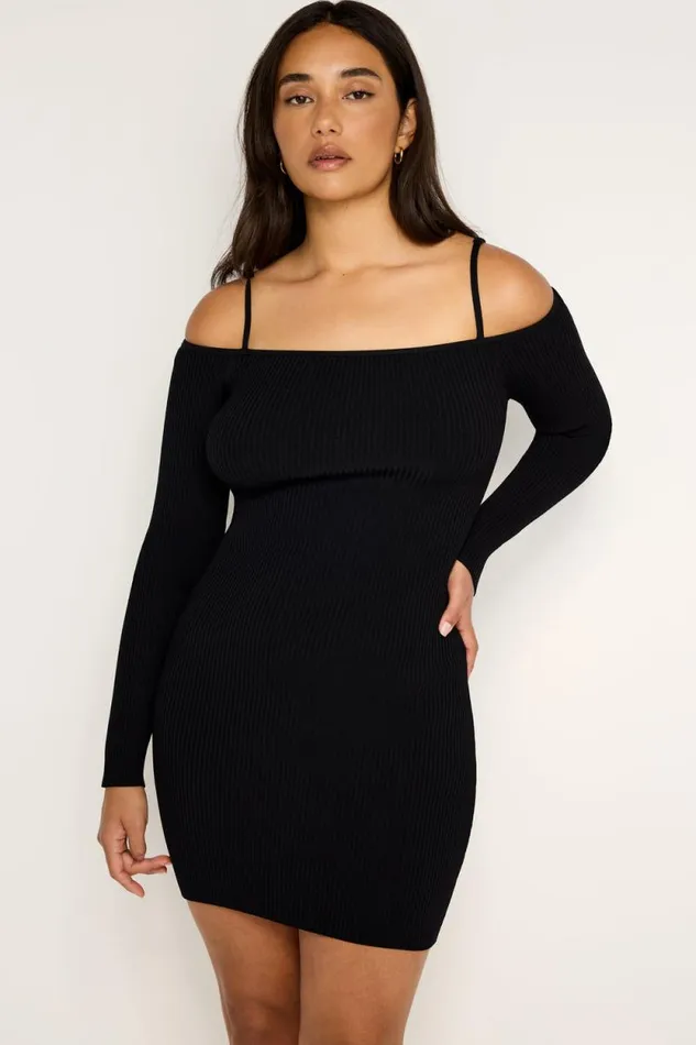 Women GOOD AMERICAN Dresses STRETCH RIB KNIT SHOULDER MINIDRESS Black001
