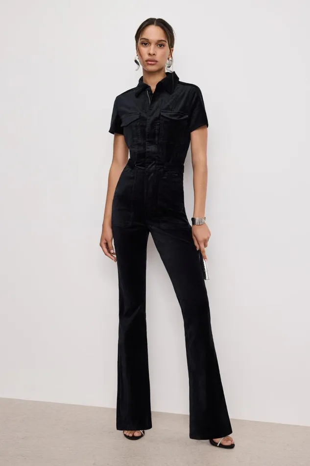 Women GOOD AMERICAN Jumpsuits FIT FOR SUCCESS VELVET BOOTCUTJUMPSUIT Black001