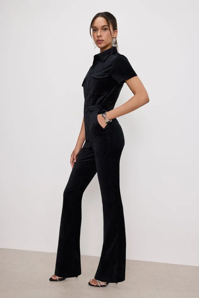 Women GOOD AMERICAN Jumpsuits FIT FOR SUCCESS VELVET BOOTCUTJUMPSUIT Black001