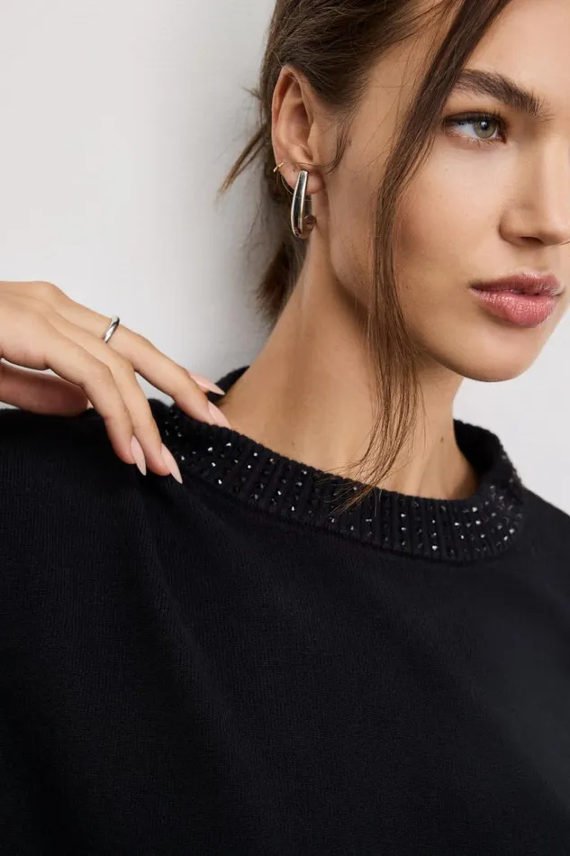 Women GOOD AMERICAN Tops CRYSTAL CREWNECKSWEATER Black001