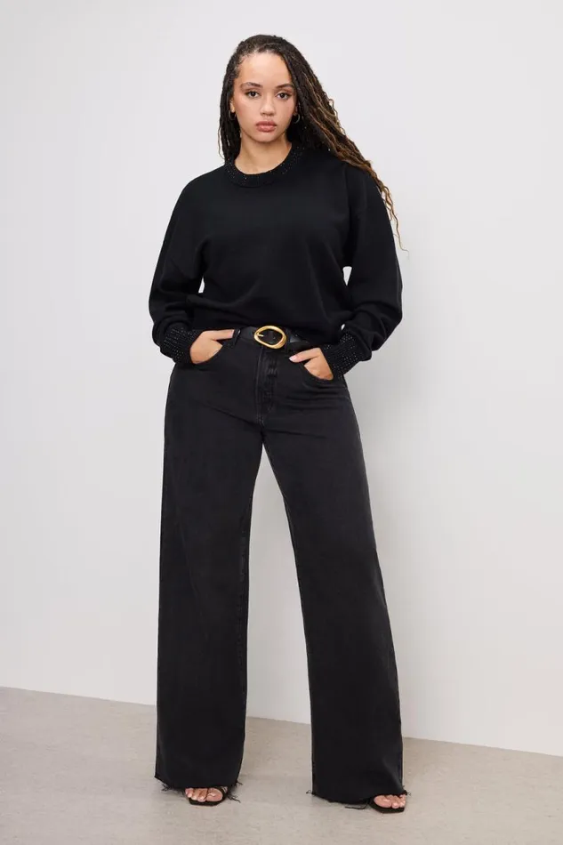 Women GOOD AMERICAN Tops CRYSTAL CREWNECKSWEATER Black001