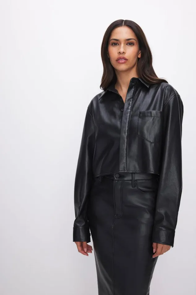 Women GOOD AMERICAN Tops FAUX LEATHER CROPPEDSHIRT Black001