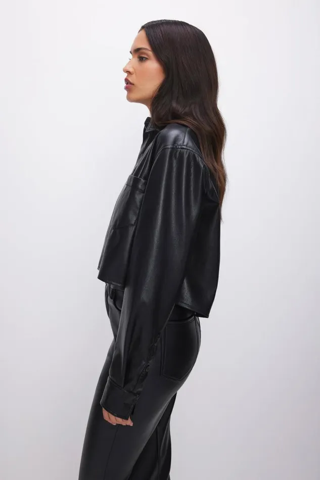 Women GOOD AMERICAN Tops FAUX LEATHER CROPPEDSHIRT Black001