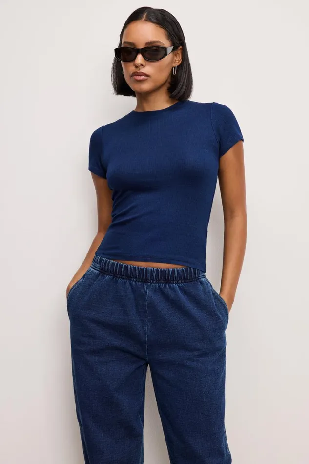 Women GOOD AMERICAN Tops JEANIUS FITTED RIBBEDTEE Indigo377