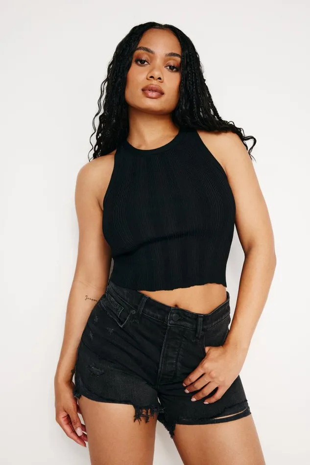 Women GOOD AMERICAN Tops RIBBED KNIT CROPPED TANKTOP Black001