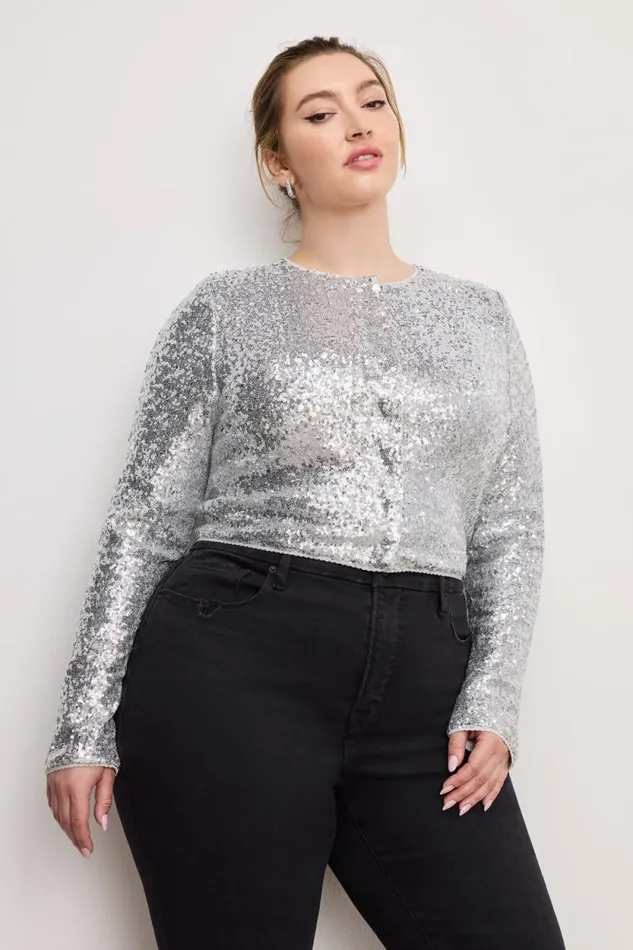 Women GOOD AMERICAN Tops SEQUINCARDIGAN Metallic Silver001