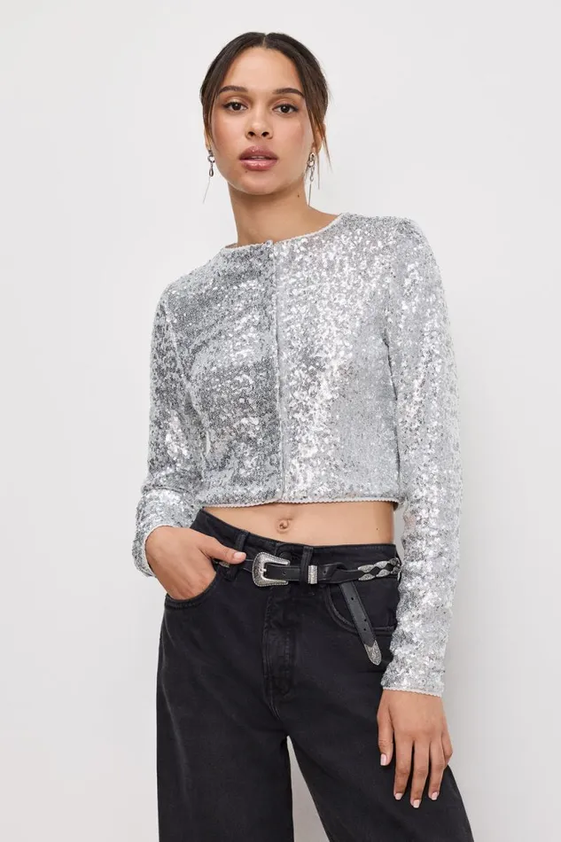 Women GOOD AMERICAN Tops SEQUINCARDIGAN Metallic Silver001 Women GOOD AMERICAN Tops SEQUINCARDIGAN Metallic Silver001