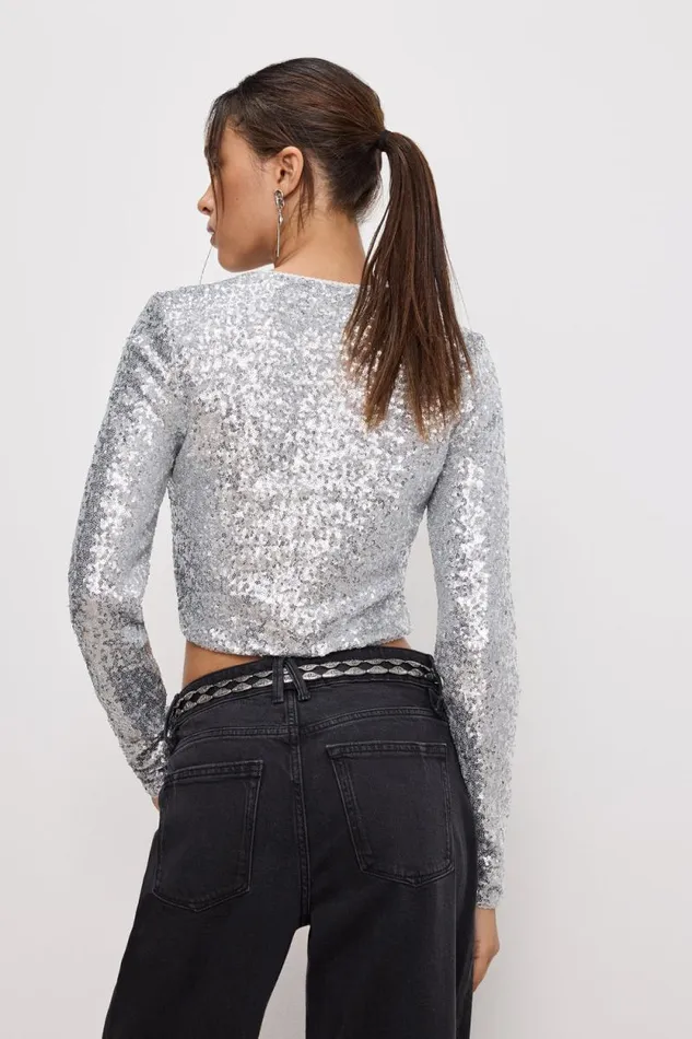 Women GOOD AMERICAN Tops SEQUINCARDIGAN Metallic Silver001 Women GOOD AMERICAN Tops SEQUINCARDIGAN Metallic Silver001