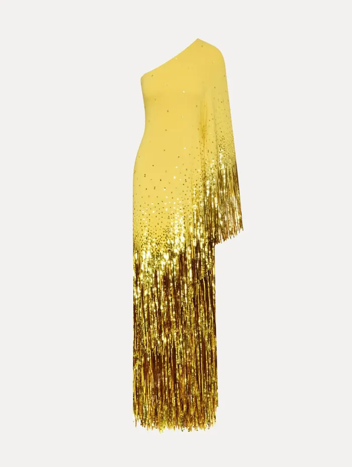 Women Gowns and Caftans Oscar De La Renta One Shoulder Sequin Fringe Caftan Ginger