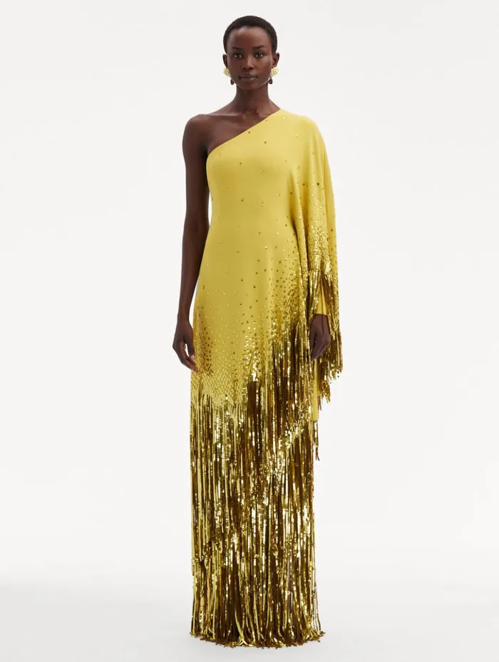 Women Gowns and Caftans Oscar De La Renta One Shoulder Sequin Fringe Caftan Ginger