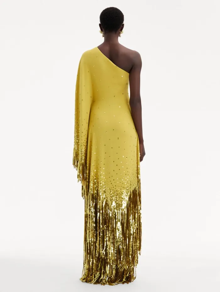 Women Gowns and Caftans Oscar De La Renta One Shoulder Sequin Fringe Caftan Ginger