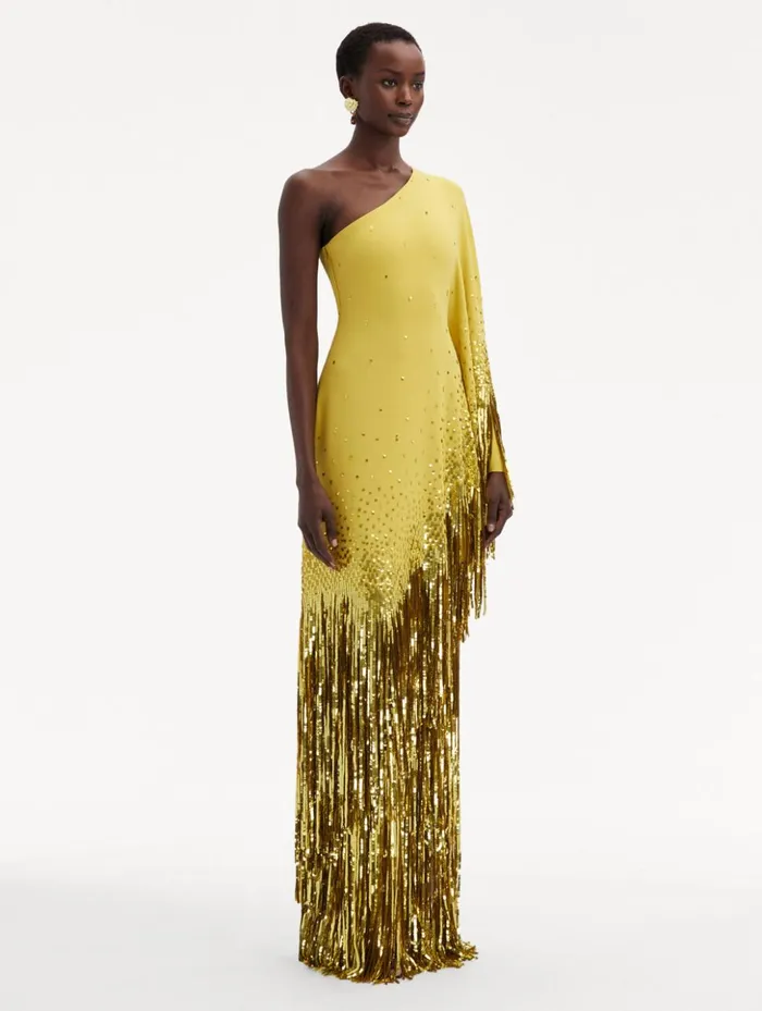 Women Gowns and Caftans Oscar De La Renta One Shoulder Sequin Fringe Caftan Ginger