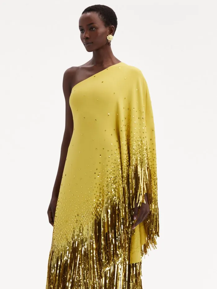 Women Gowns and Caftans Oscar De La Renta One Shoulder Sequin Fringe Caftan Ginger