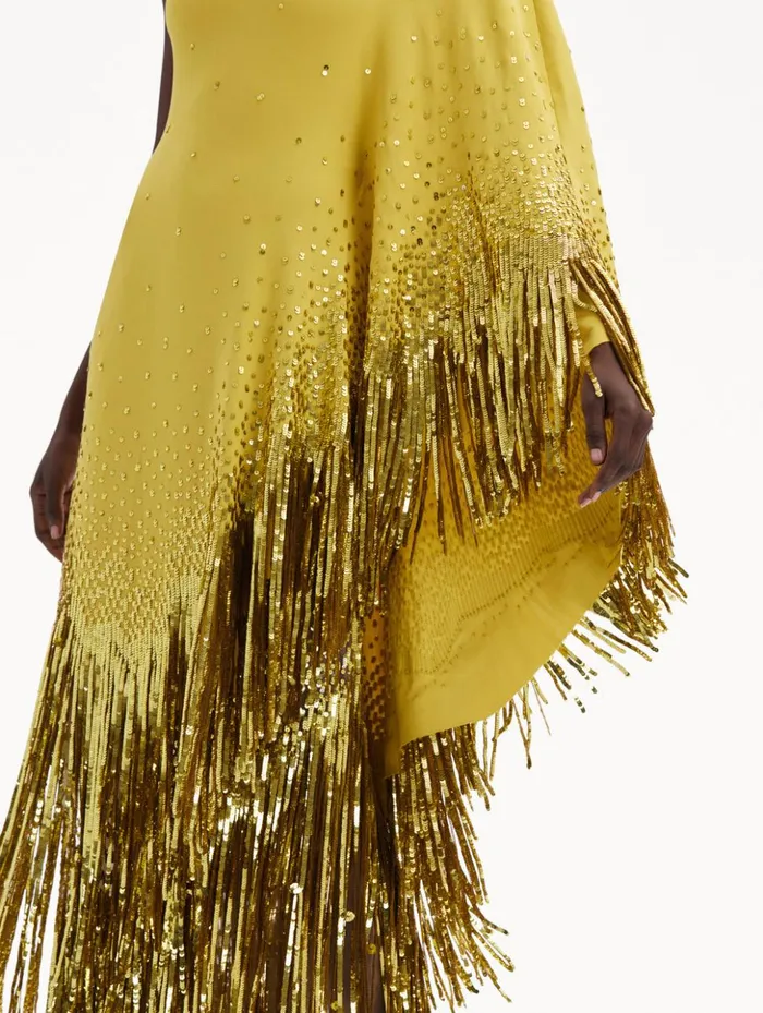 Women Gowns and Caftans Oscar De La Renta One Shoulder Sequin Fringe Caftan Ginger