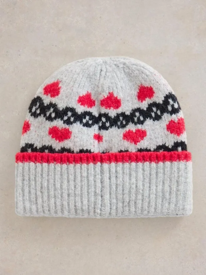 Women Heart Fairisle Beanie Grey Multi White Stuff Hats and Gloves