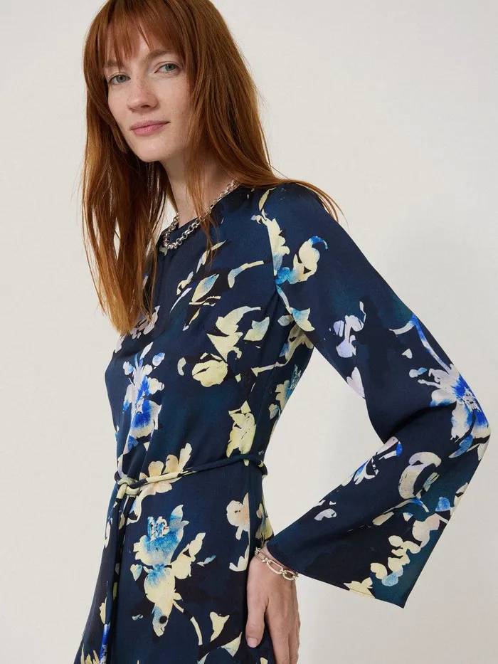 Women Hidden Floral Satin Dress Navy Jigsaw Party