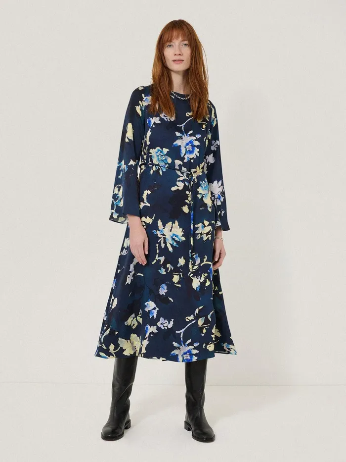 Women Hidden Floral Satin Dress Navy Jigsaw Party