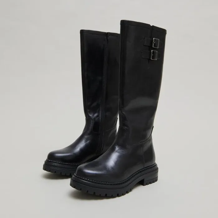 Women High Boots With Notched Soles And Buckles Black JONAK Boots Thighhigh Boots